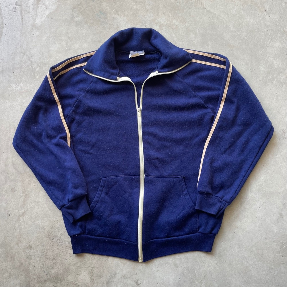 Vintage Activewear Mens Navy Blue Full Zip Track Jacket Tan Stripe Made in USA L
